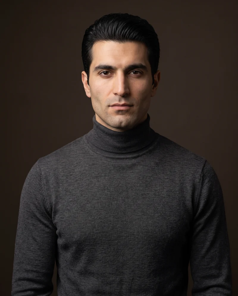 Portrait of Aram, a man in a charcoal turtleneck